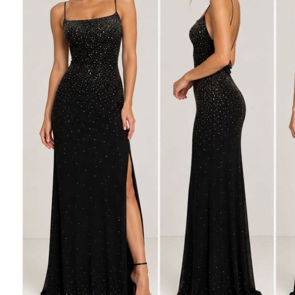 B. Darlin Black Rhinestone Glitter Bodycon Maxi Dress Spaghetti Strap Y2K Formal